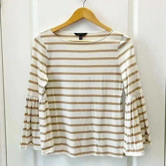 Banana Republic Bell Sleeve Top Supima Cotton Stripes White & Tan Size  XS - Picture 3 of 15